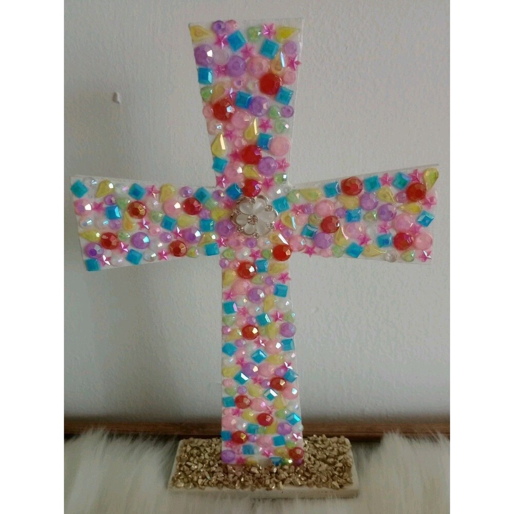 Handmade Colorful Jeweled Cross 9" X 6 1/2" Spiritual Religious Modern Gift New